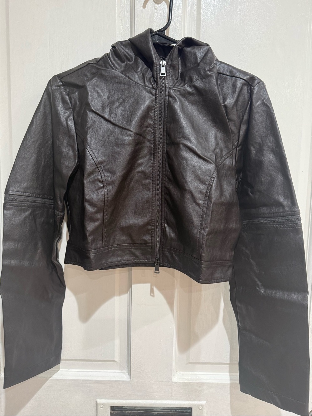 Fashion Nova Black Leather Hooded Jacket